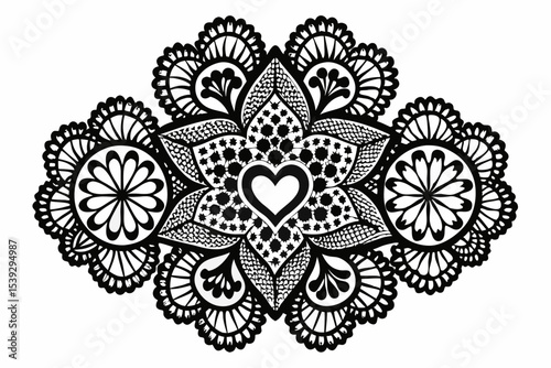 Black and white line art illustration of a ball of yarn with a crochet hook and a heart-shaped thread loop. 