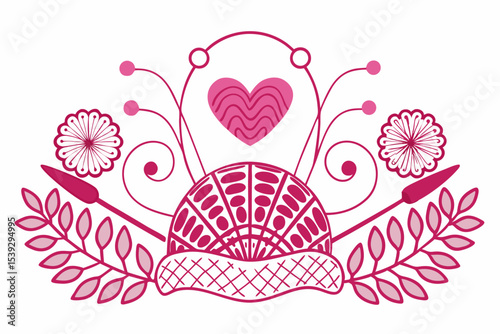 Black and white line art illustration of a ball of yarn with a crochet hook and a heart-shaped thread loop. 