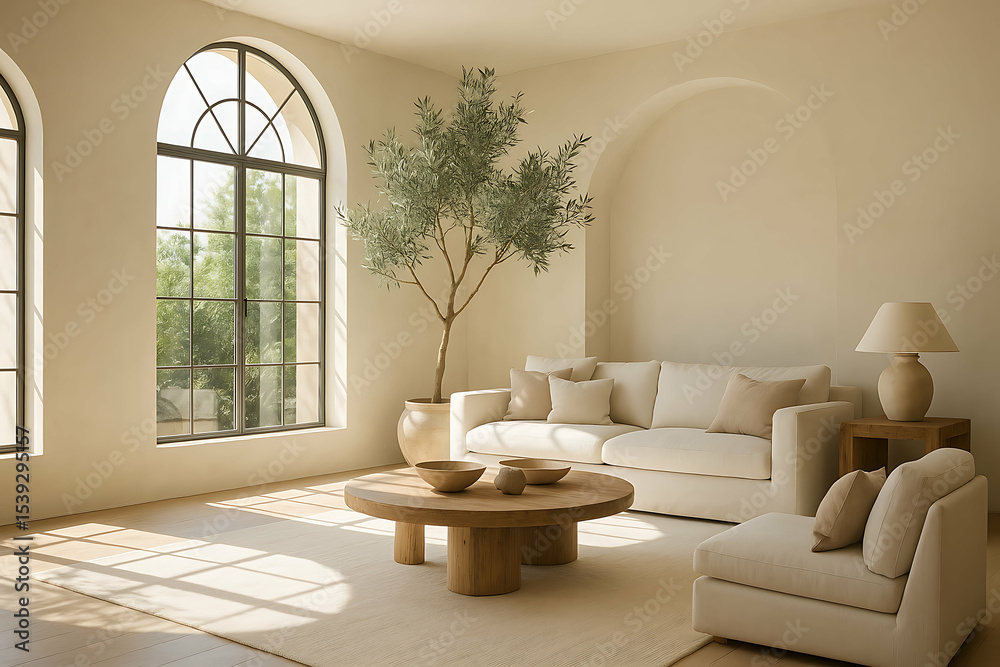 Fototapeta premium interior design inspiration. A bright, minimalist living room with beige tones, a round wooden coffee table, a potted tree, and large arched windows letting in natural sunlight.