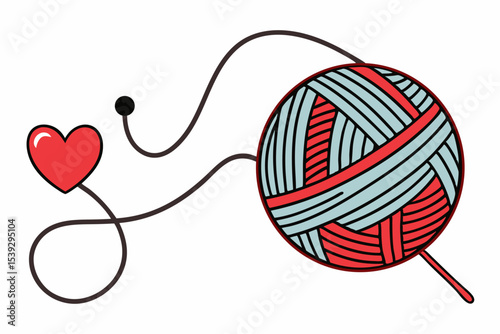 Black and white line art illustration of a ball of yarn with a crochet hook and a heart-shaped thread loop. 