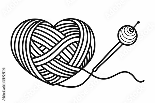 Black and white line art illustration of a ball of yarn with a crochet hook and a heart-shaped thread loop. 