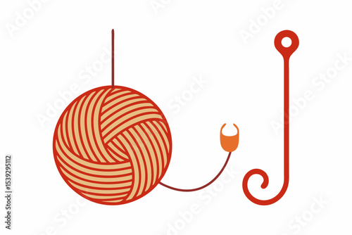 Black and white line art illustration of a ball of yarn with a crochet hook and a heart-shaped thread loop. 