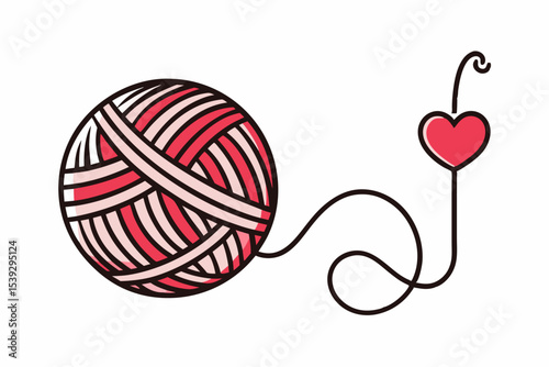 Black and white line art illustration of a ball of yarn with a crochet hook and a heart-shaped thread loop. 