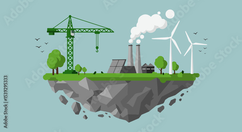 Green crane, gray factory, and white wind turbines on rocky island with trees and birds in flight