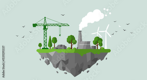 Industrial landscape with factory, wind turbines, and crane on rocky island