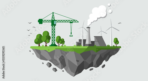 Illustration of a rugged island with industrial and natural elements, including a green crane, factory, and wind turbines