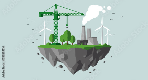 Surrealistic illustration of floating rocky island with green crane, wind turbines, and factory complex