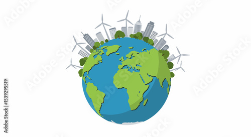 Three-quarter view of the Earth with wind turbines and cityscape at dawn or dusk