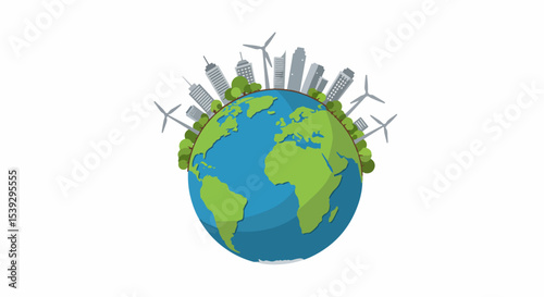 Three-quarter view of Earth with African continent, cityscape, and wind turbines