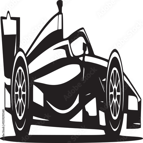 A stylized black and white vector illustration of a formula one race car on a plain background