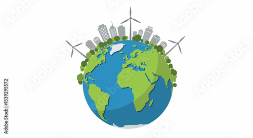 Illustration of Earth with African continent, green landmasses, blue oceans, modern cityscape, and wind turbines