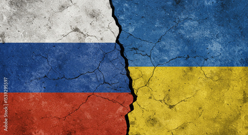 Russia and Ukraine Conflict: Flags of Russia and Ukraine split apart a wall, symbolizing the division and geopolitical tension between the two nations