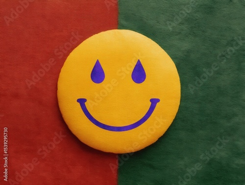 Yellow smiley face pillow expressing playfulness on vibrant fabric background with contrasting colors that evoke a cheerful atmosphere and remind of joy and positivity