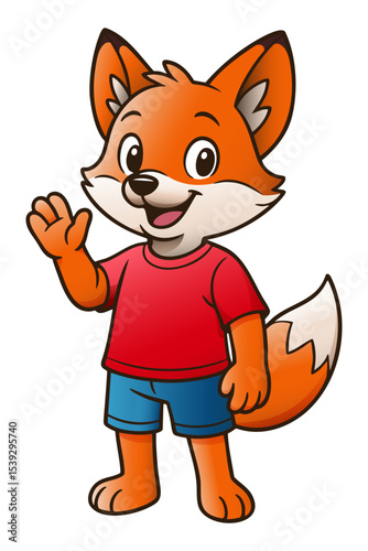 Cute cartoon fox mascot character waving and smiling, wearing red t-shirt and blue shorts. Full body isolated on white background. Friendly animal mascot illustration for branding and storytelling
