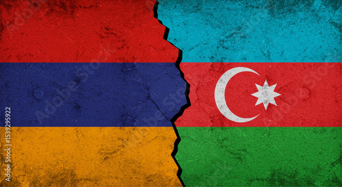 Armenia and Azerbaijan: flags of Armenia and Azerbaijan split apart in conflict, symbolizing the geopolitical rift and tensions