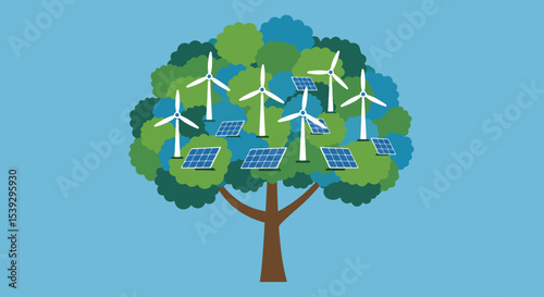 Cartoon tree with wind turbines and solar panels on solid light blue background