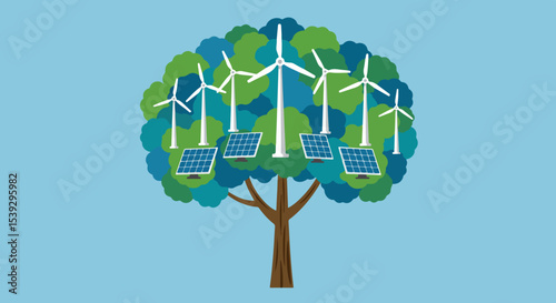 Illustration of a tree with wind turbines and solar panels integrated in the foliage