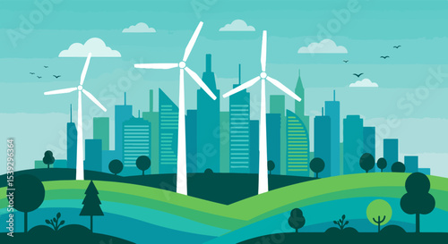 Urban landscape with wind turbines, river, and city skyline