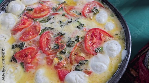 Steaming hot vegetarian dish with melted buffalo cheese, assorted cheeses, fresh spinach, and tomatoes, served bubbling and ready to eat, rich in flavor, rustic and wholesome comfort food close-up
