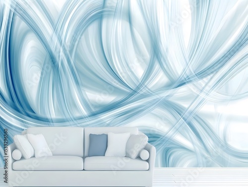 Soft blue and white abstract swirl design creating a clean and calming visual flow.