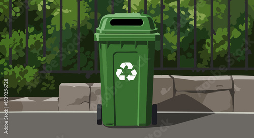 Green recycling bin with white recycling symbol outdoors in front of dense green hedge