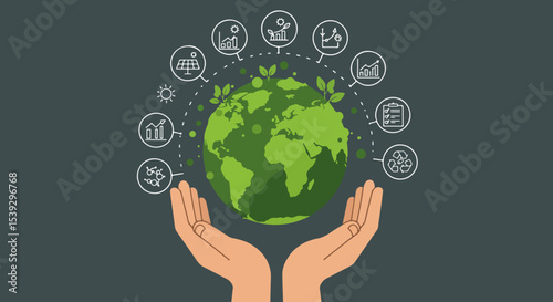 Light peach hands supporting green globe with sustainability icons on dark green background