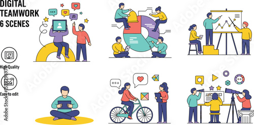 Business Teamwork illustrations. Mega set. Collection of scenes with men and women taking part in business activities. Trendy style