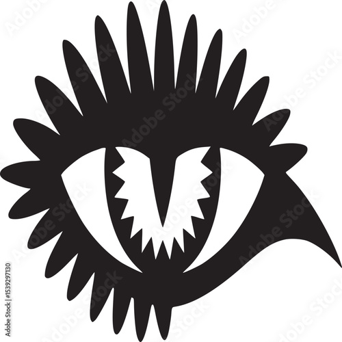 Stylized black and white eye design with a jagged pupil and spiky eyelashes on white background