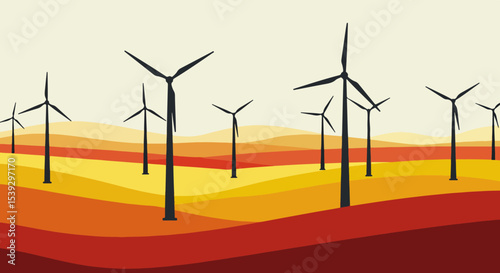 Modern wind turbines in a serene landscape with rolling hills