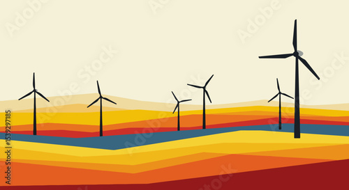 Black wind turbines in a dry, arid landscape with rolling hills
