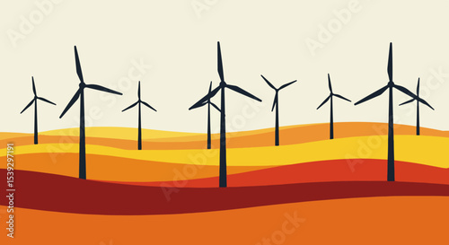 Wind turbines in a vast desert landscape with sand dunes and warm natural lighting