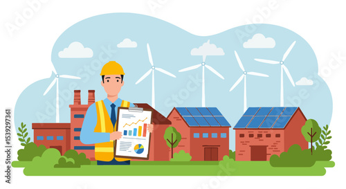 Male engineer in hard hat and safety vest holding clipboard with charts and graphs in front of factory and solar panels
