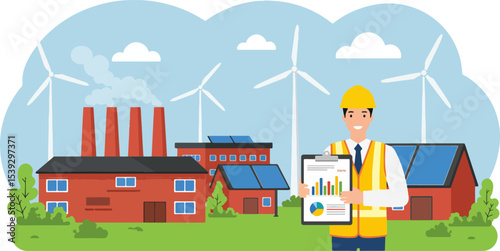 Male engineer in yellow hard hat and high-visibility vest with clipboard in front of industrial building with solar panels and wind turbines