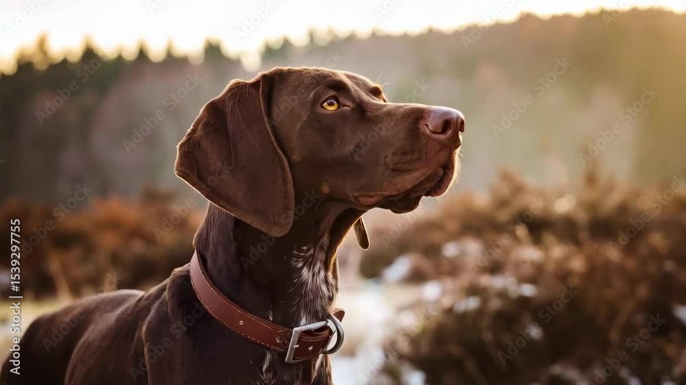 Chocolate brown pointer dog portrait in a field, wearing a collar, attentive expression, focused gaze towards the top right, hunting dog, outdoor scene.