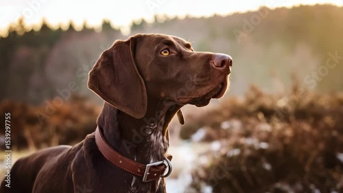 Chocolate brown pointer dog portrait in a field, wearing a collar, attentive expression, focused gaze towards the top right, hunting dog, outdoor scene.
