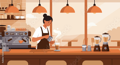 Female barista pouring latte with latte art in coffee shop interior