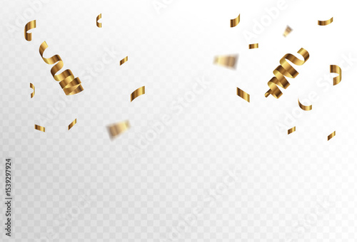 Confetti explosion on transparent background. Pieces of shiny gold paper flying and spreading. rotating