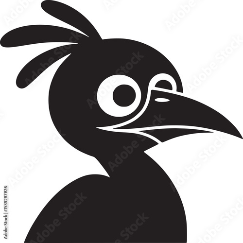 A black and white graphic of a cartoon bird with large eyes and a long beak on a white background