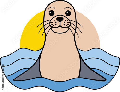 Adorable Seal Pup in Ocean Sunset Cute Marine Animal Illustration
