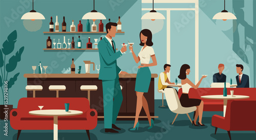 Mid-century modern bar scene with patrons and bartender in flat, illustrative style