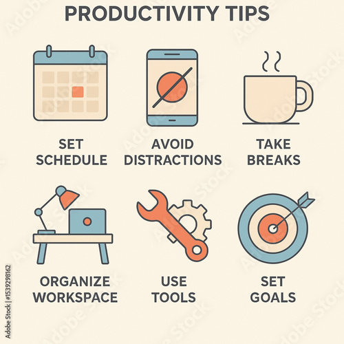 Minimalist Flat Infographic Featuring 6 Essential Remote Work Productivity Tips with Grid Layout and Modern Icons