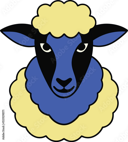 Adorable Blue Sheep Illustration Farm Animal Portrait, Fluffy Wool, Cute Face