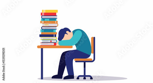 Illustration of a person with blue hair resting on a desk with a stack of books