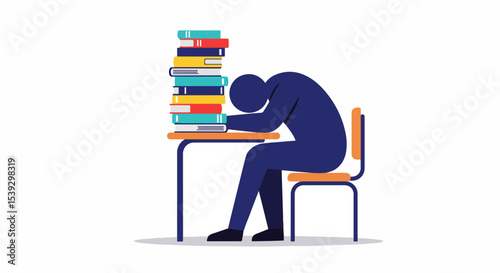 Blue silhouette of a person sitting at a wooden desk with a stack of colorful books