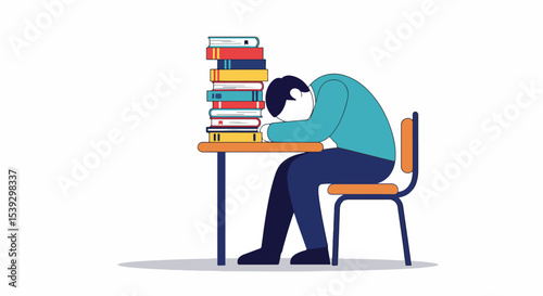 Person resting head on arms at wooden desk with stack of colorful books