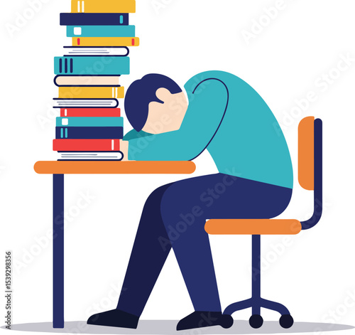 Illustration of a woman with short blue hair resting on a desk with a stack of multicolored books