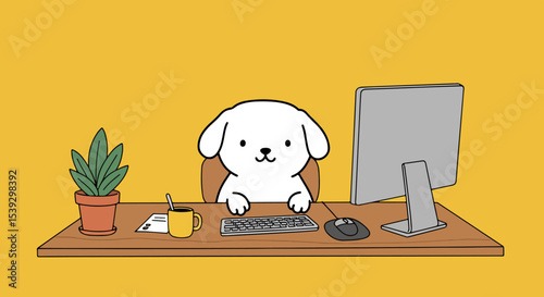 Cartoon white dog working at a wooden desk with a computer, keyboard, mouse, yellow mug, and potted plant in a vibrant yellow office