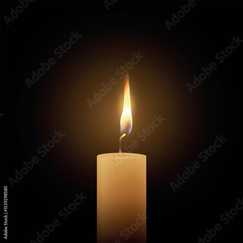 Realistic Vector Candle Flame Clipart on Black Background. Single Wax Pillar Candle with Soft Warm Glow and Flickering Flame, Ambient Lighting Design Template for Web, Print, Logo Design