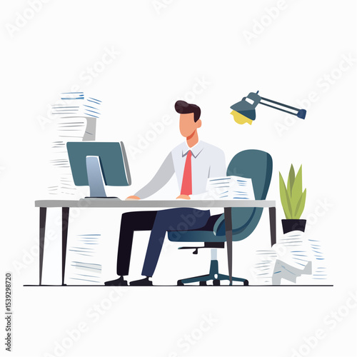Minimalist vector of a businessman sitting in front of a monitor, overwhelmed with paperwork, clean lines and muted color palette