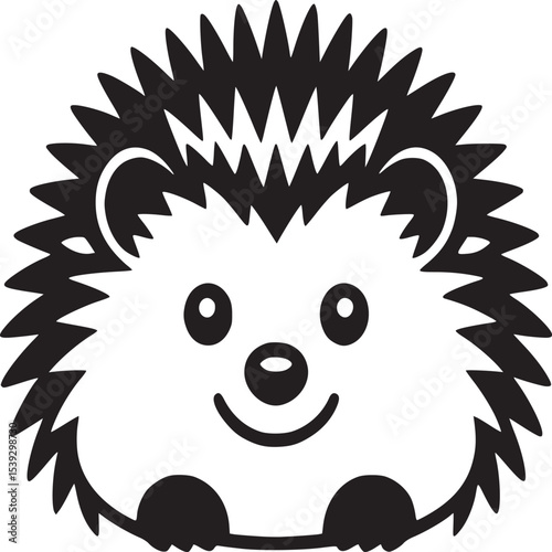 Illustration of a cute cartoon hedgehog with pink cheeks and black spikes on a white background